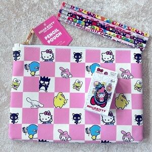 Brand New Hello Kitty Checkered Pink & White Large Zippered Pouch, Pin & Pencils